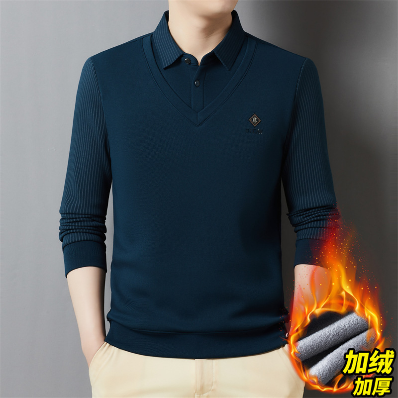 Men's Polo Designer Base Shirt Shirt Fleece Lined Thickened Winter New Fashion Warm Turn-down Collar Fake Two-piece Striped Long Sleeve Designer 