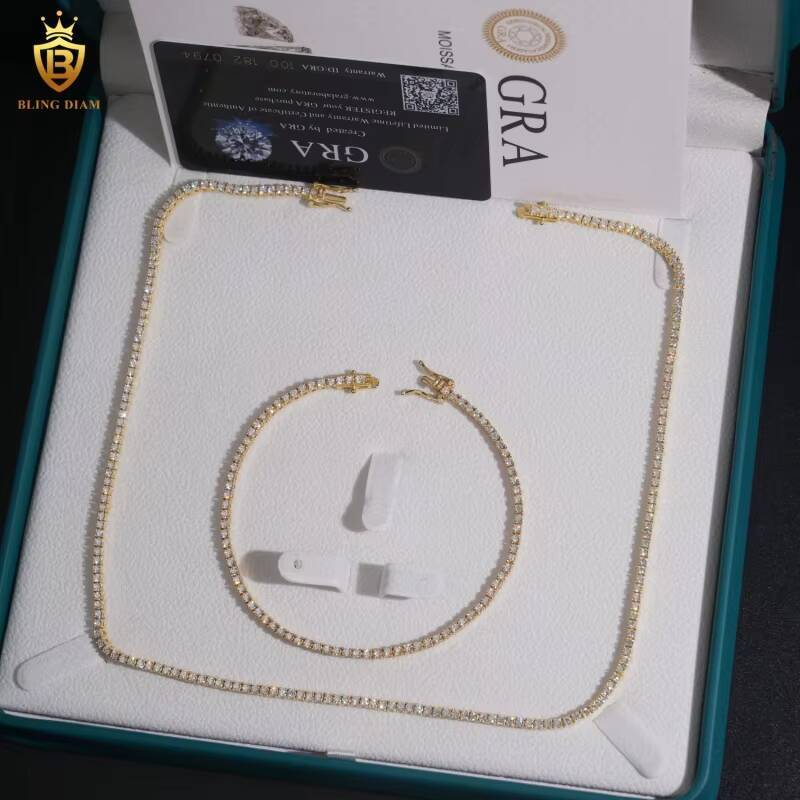 US in Stock Fast Shipping Hip Hop Jewelry 925 Sterling Silver Vvs Moissanite Iced Out 2mm Tennis Chains Bracelet Necklace