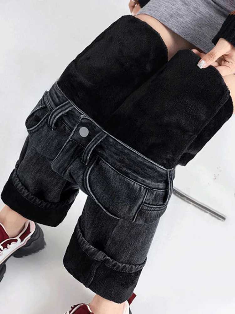 Women Thicken Baggy Straight Jeans Winter Warm High Waist Velvet Lined Wide Leg Denim Pants Korean Fashion Solid Casual Vaqueros J251031