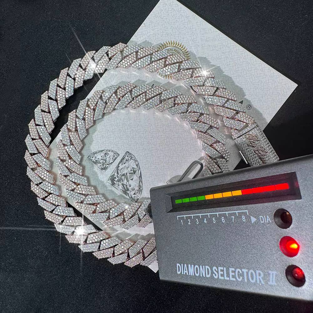 Custom Moissanite Cuban Link Chain 20mm 925 Sterling Silver Two Tones 4 Rows Hiphop Moissanite Cuban Chain