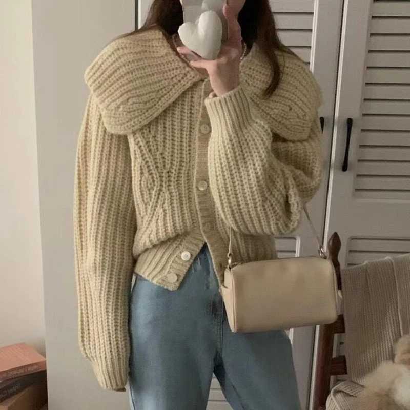 Fashion Doll Collar Knitted Cardigan Women Sweater Autumnwinter Casual Lapel Loose Long Sleeved Jacket Elegant Simple Solid TopT251101
