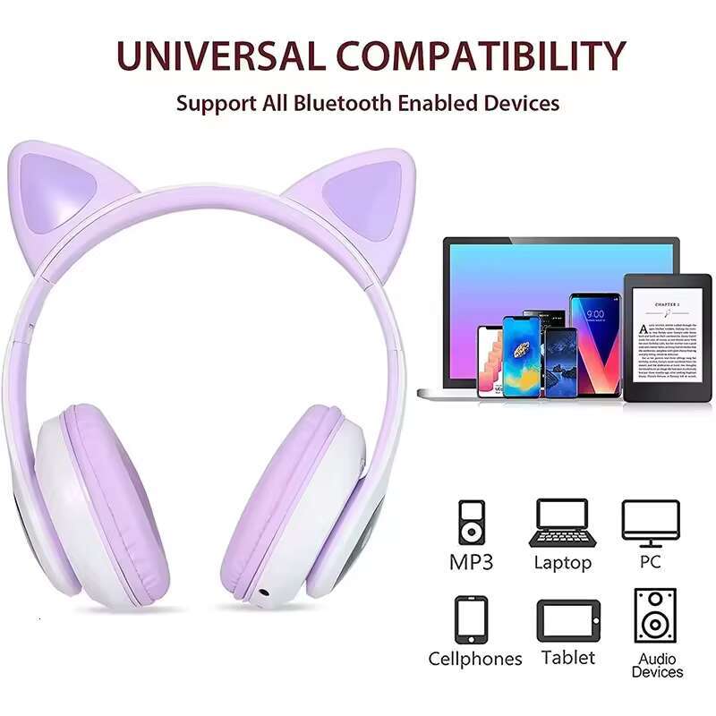 HiFi Headphone S28 Hot Cool Luminous Wireless Headset Earphone Auriculares Cute Cat Ear Headphones with Mic