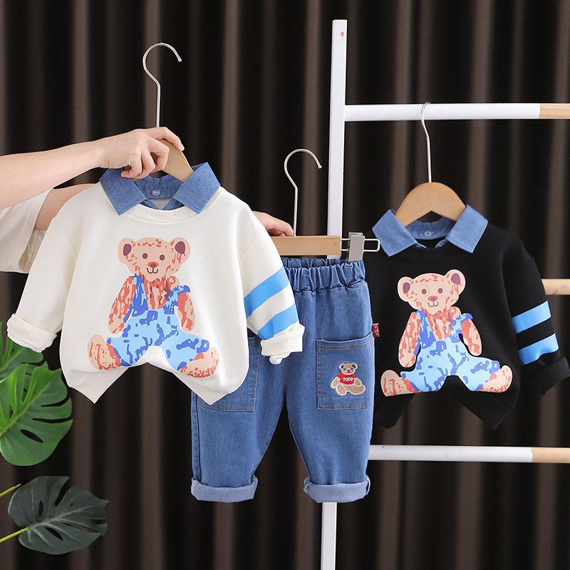 Fashion Kid Boy Clothes Cotton Girls Rainbow O-neck Top Jeans 2PCS Costume Casual Long-sleeve Set for Baby Spring Denim Outfit