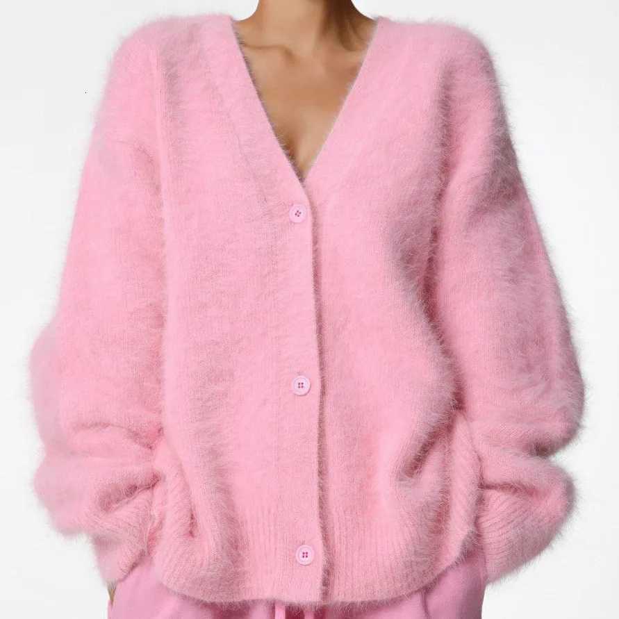 Elegant Mohair Knitted Cardigans Loose O Neck Single Breasted Long Sleeve Sweater Fall Clothes 2024 Women Pink Cardigan LuxuryT251101