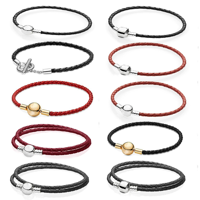 S925 Sterling Silver Leather Cord Buckle Red and Black Single and Double Loop Braided Leather Cord DIY Basic Bracelet