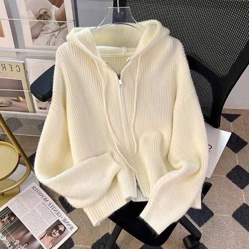 Loose and lazy zipper age reducing outer sweater womens cardigan early spring new Korean version hooded knitted sweater jacketT251101