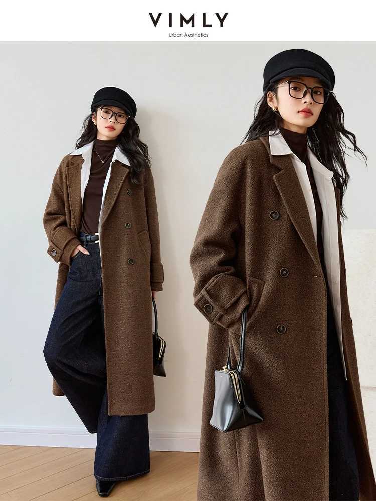 VIMLY Womens Casual Knit Woolen Coats Autumn 2025 Loose Double Breasted Long Sleeve Jacket Office Wear Ladies Outerwear M9832T251101