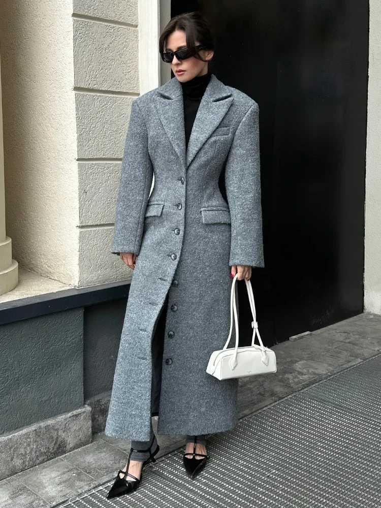 Fashion Waist Cinching Woolen Long Coats For Women Lapel Long Sleeve Singlebreasted Shoulder Pad Coat New Lady Commuter OutwearT251101