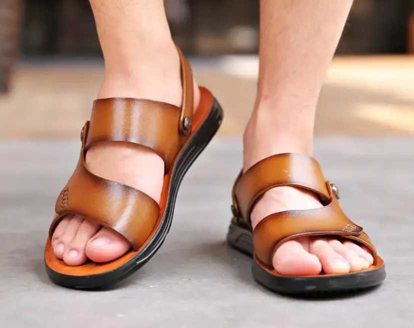 2025 Summer New Mens Fashion Leather Sandals Denim Leather Casual Mens Cool Beach Shoes Z250401
