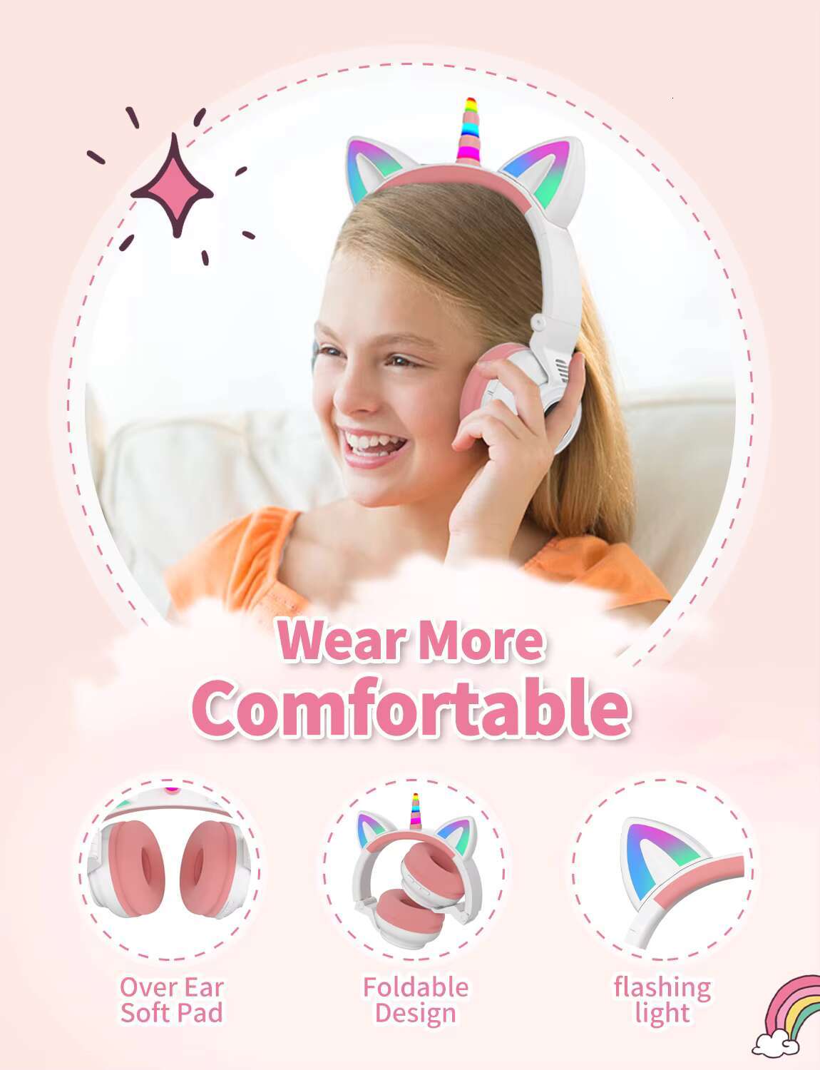 YUSONIC Cute Kids On-ear Headphones Pink Glowing LED Waterproof Wireless Unicorn Headband ROHS Certified for Christmas