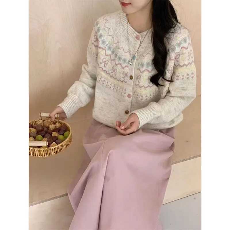 Womens Clothing Fashion Allmatch Patchwork Knit Cardigan Autumn Winter New Casual Loose Long Sleeve Button Sweaters Lady TopsT251101