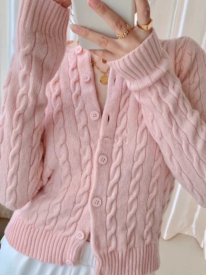 Twisted Flower Pink Cute Cardigan Sweater Woman ONeck Long Sleeve Single Breasted Cotton Outerwear Autumn Casual Loose SweatersT251101