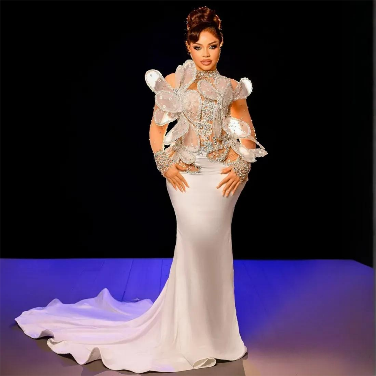 Prom Dresses for Black Women Mermaid Long Sleeves High Neck Illusion Rhinestones Promdress Evening DressesBirthday Party Dress Guest