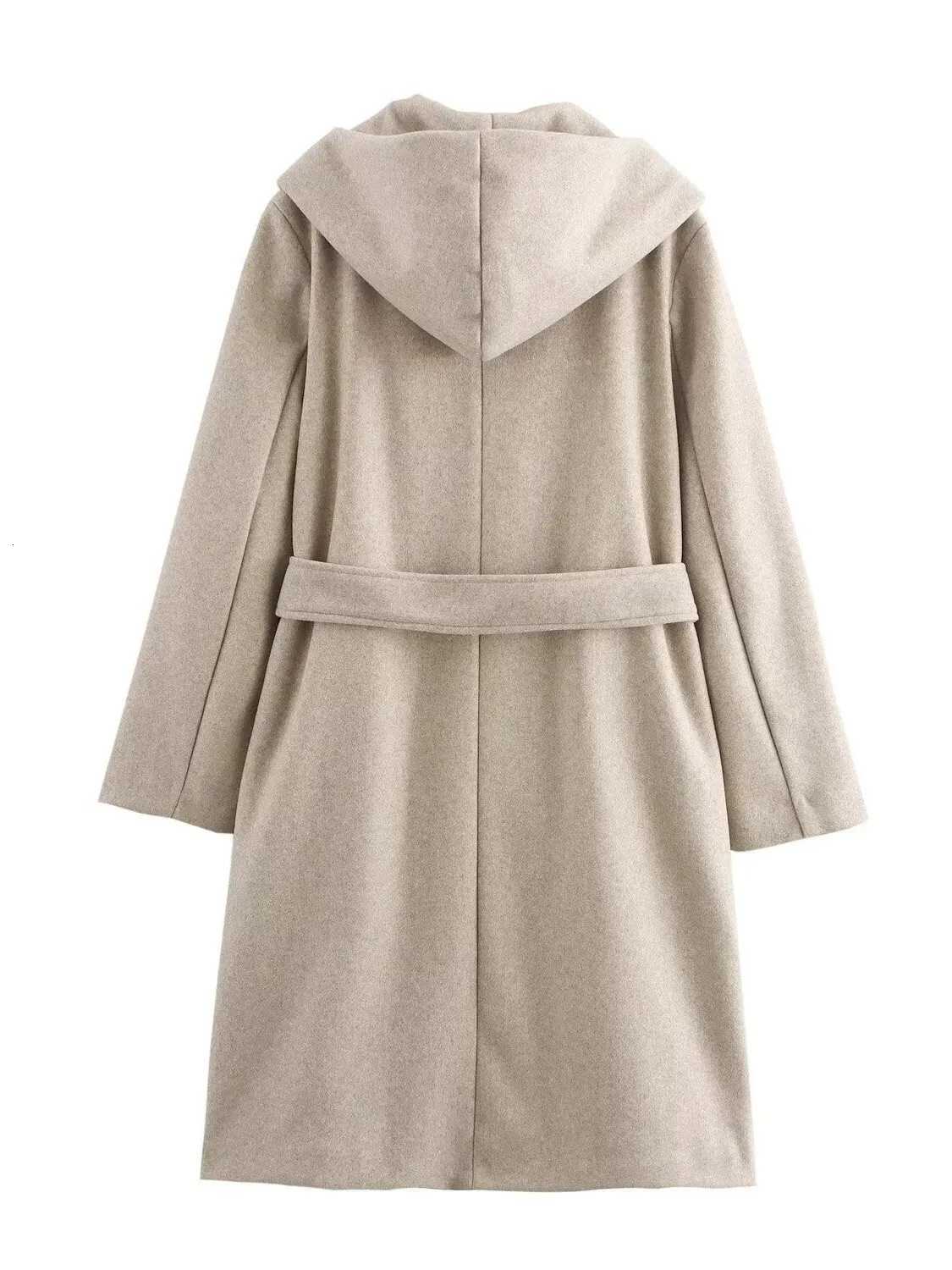 2024 Autumnwinter New Design Sense Loose Long Sleeve Lace Up Cinching Waist Solid Color Medium Long Hooded Woolen Coat 33W1T251101