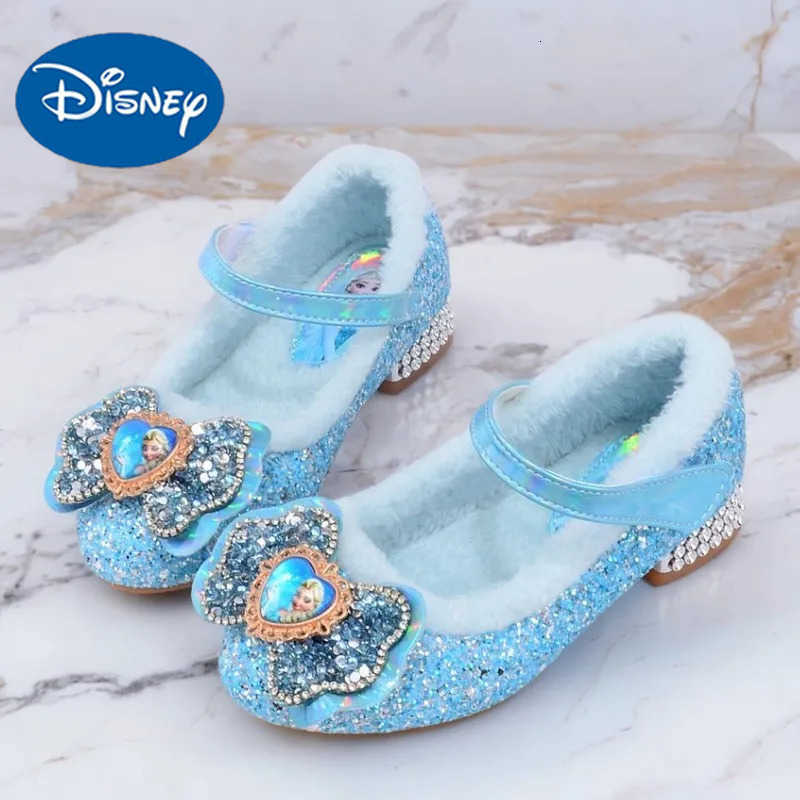 Disney Princess Kids Warm Winter Shoes for Girls Elsa Casual Glitter Children Flat Heel Girls Shoes Butterfly Knot Blue Pink H251101