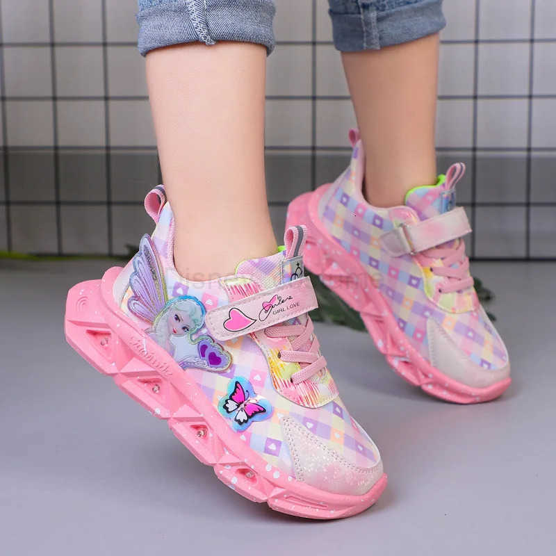 Disney Childrens Sports Shoes Led Lights Sneaker Cartoon Frozen Princess Elsa PU Leather Girls Pink Childrens Running Shoes H251101