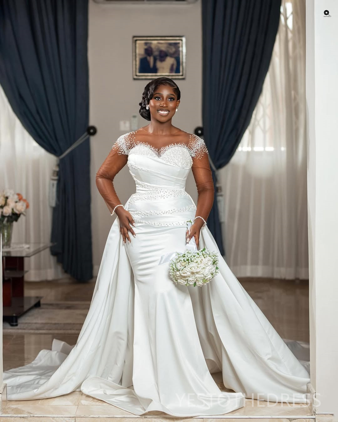 2025 Plus Size Mermaid Wedding Dress Bridal Gowns For Bride Detachable Train Sheer Neck Illusion Long Sleeves Beaded Lace Wedding Gowns For Black Wome
