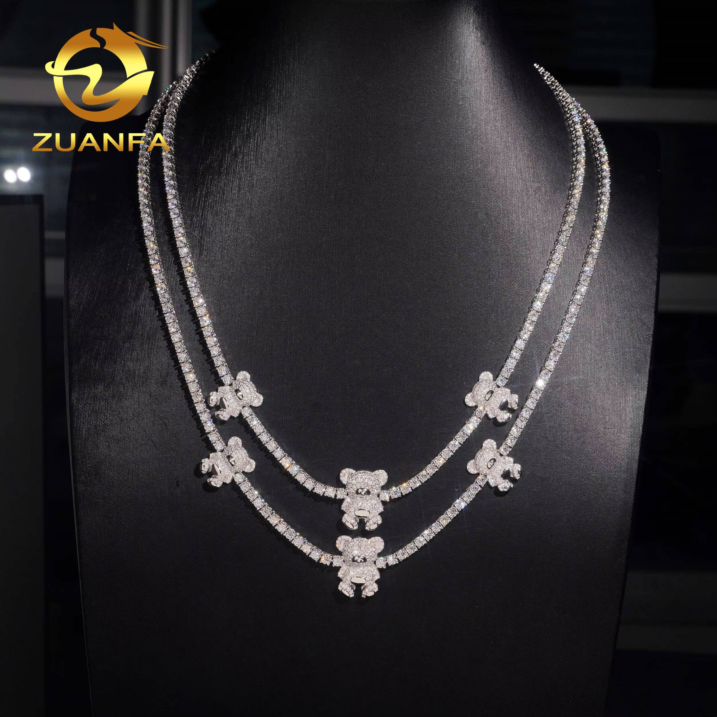 3d Cartoon Bear Charm Necklace Moissanite Tennis Chain Necklace 925 Solid Silver Iced Out Hip Hop Jewelry