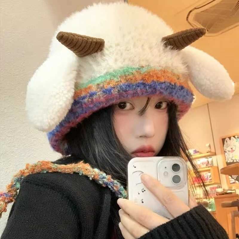 Adorable Lamb Plush Hat with Squeaky Ears Korean Soft Warm Winter Cap for Sweet Women Christmas Birthday Gifts Fur Yarn BeanieXJ251101