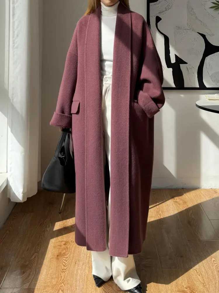 DoubleSided Barthrobe Office Lady Woolen Yark Hair Jackets 2025 Autumn And Winter Loose LaceUp Womens Long Wool CoatsT251101