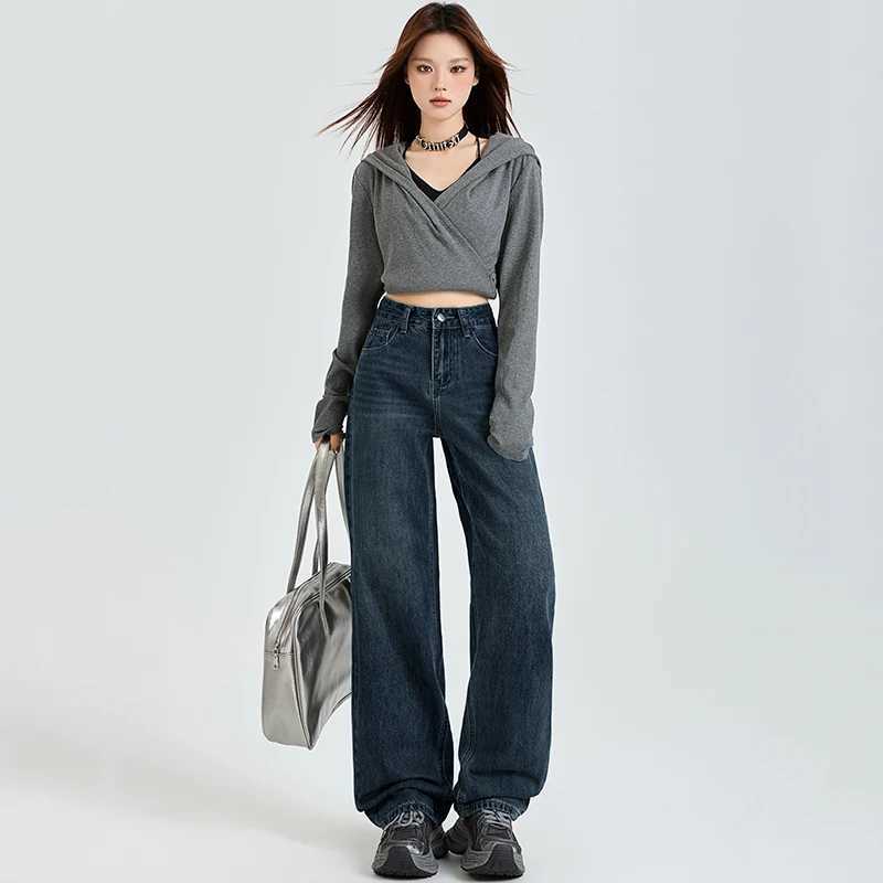 Casual Ladies Jeans Relaxed Fit Vintage Style High Waist Wide Leg Trousers Heavyweight Draping Straight Long Pants Autumn Winter J251031