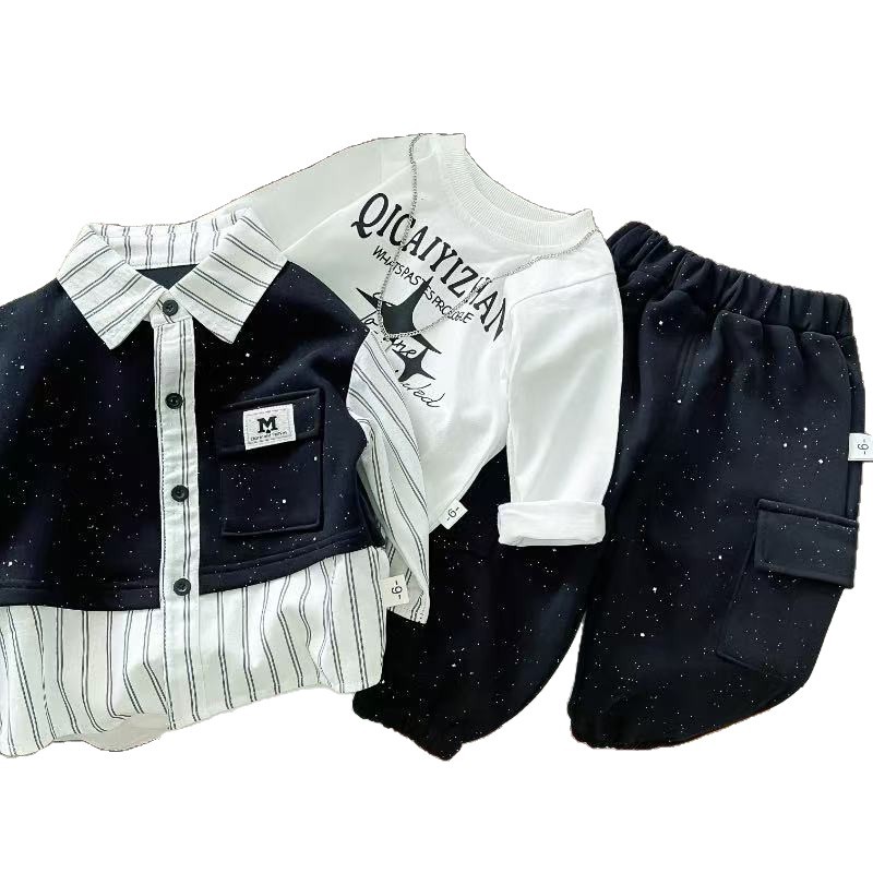 2025 Boys 3-Piece Set Korean Style Outfit with Mock Vest Shirt & Pants Trendy Autumn Clothes for Kids