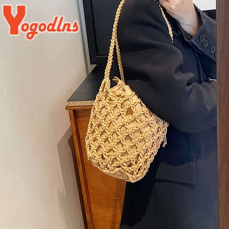 Drawstring Women's Bucket Summer Woven Shoulder Bags Purse Beach Handbag Straw Handbags Casual Crossbody Bag