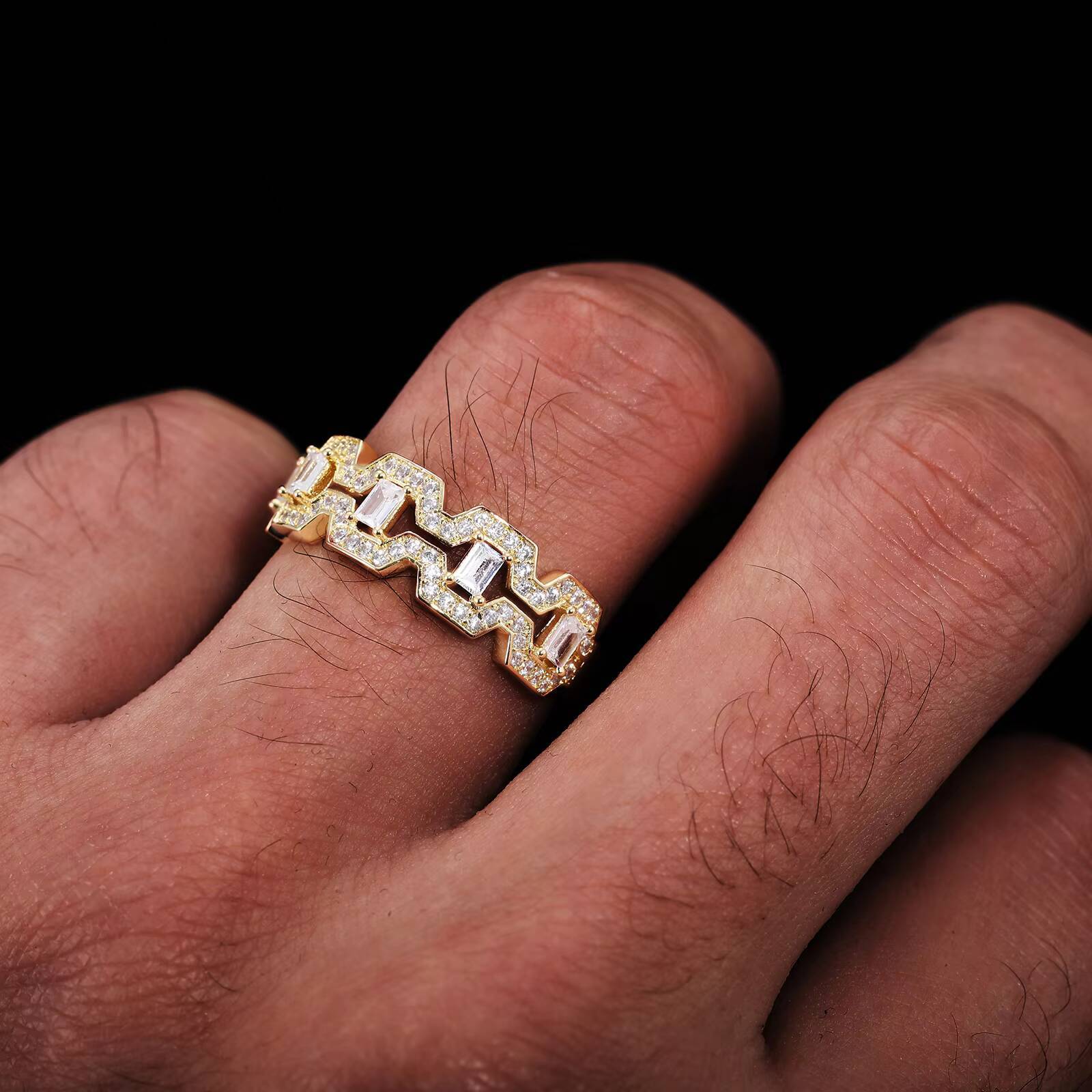 Factory Wholesale Price Bling Hip Hop Jewelry 18k Gold Plated Brass AAAAA Baguette CZ Diamond Wedding Ring for Men