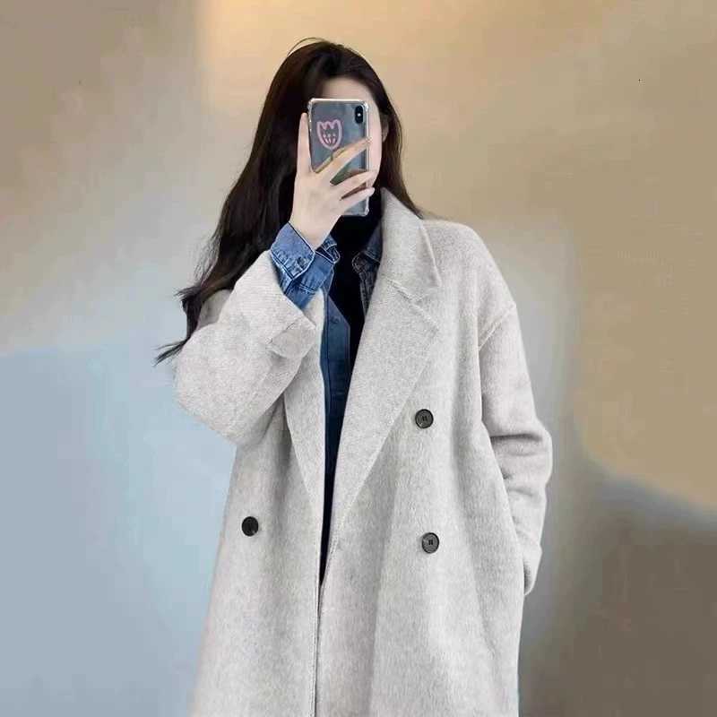 Grey Doublesided Cashmere Coat Womens 2025 Winter New Korean version Loose Thick Down Woolen Coats Solid Casual Long OvercoatT251101