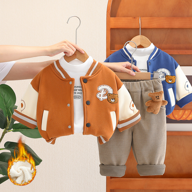2025 Boys 3-Piece Set Fleece Lined Baseball Jacket Outfit Embroidered Bear Design Winter Thermal Kids Clothes