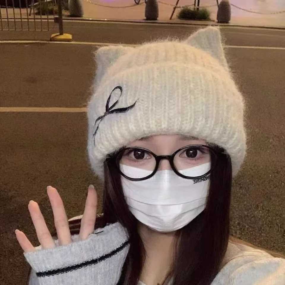 Fashion Cat Ear Beanie Cap Windproof Thickened Knitted Woolen Hat Solid Color Winter Warm Crochet HatXJ251101