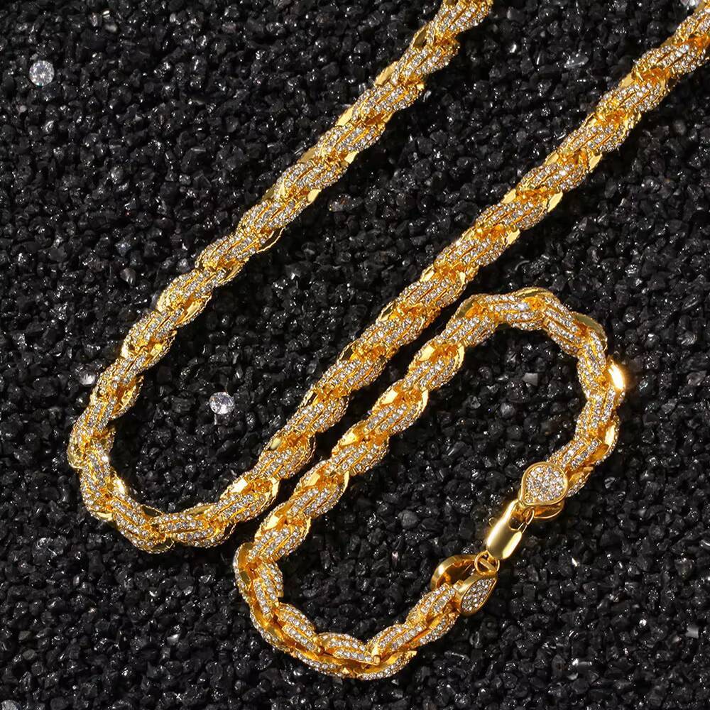 NUOYA Iced Out Jewelry 8mm Rope Chain Necklace Women Full Diamond Custom Necklace 18k Gold Silver Plated Twisted Chain Necklace