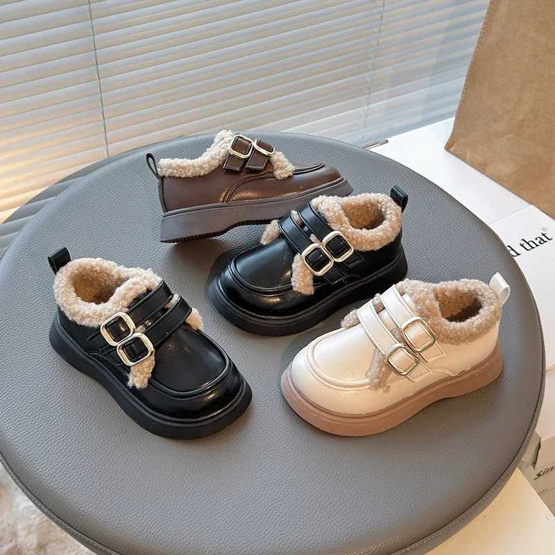 2024 Winter New Children Leather Shoes with Cotton Girls Fashion British Style Soft Antislippery Versatile Princess Chic ShoesT251101