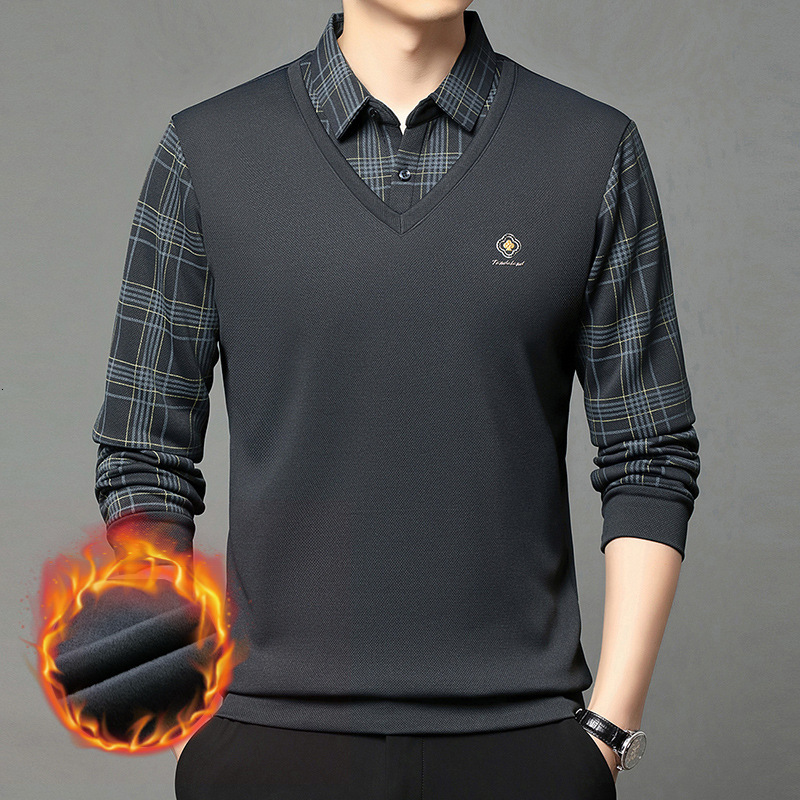 Winter New Fake Two-piece Long Sleeve T-shirt Designer T-shirt Men's Business Casual Fleece Lined Thickened Turn-down Collar Plaid Polo Shirt Top