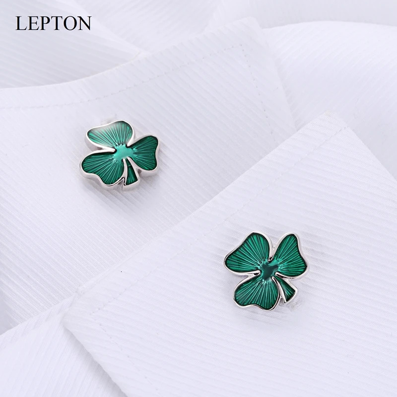 LEPTON Green Clover Cufflinks For Wedding Mens Fashion Irish Ireland Shamrock Cuff Links Dress Shirt Cufflink Business Gifts 250327