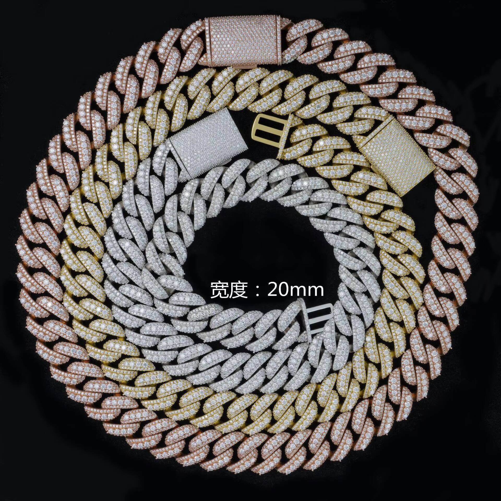 Customized Cuban Chain 20mm Rosr Gold Plated Moissanite VVS D Color S925 Silver Cuban Chain Necklace