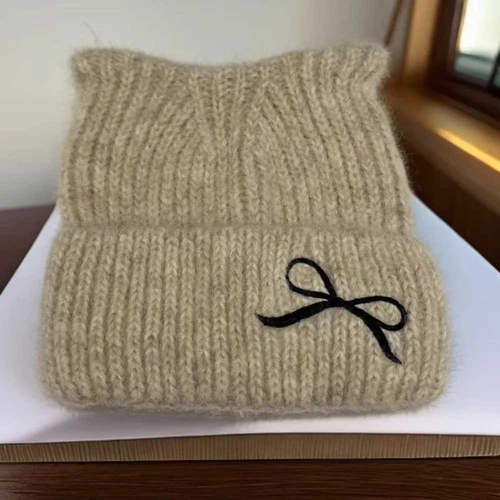 Fashion Cat Ear Beanie Cap Windproof Thickened Knitted Woolen Hat Solid Color Winter Warm Crochet HatXJ251101