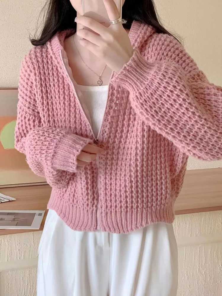 Korean Retro Hooded Knitted Cardigan Casual Slim Fit Zipper Sweater Jacket Autumn Womens Elegant Solid Color Knitted TopT251101