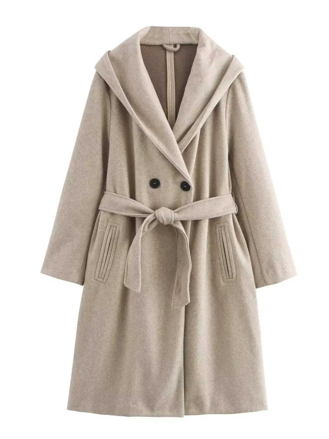 2024 Autumnwinter New Design Sense Loose Long Sleeve Lace Up Cinching Waist Solid Color Medium Long Hooded Woolen Coat 33W1T251101