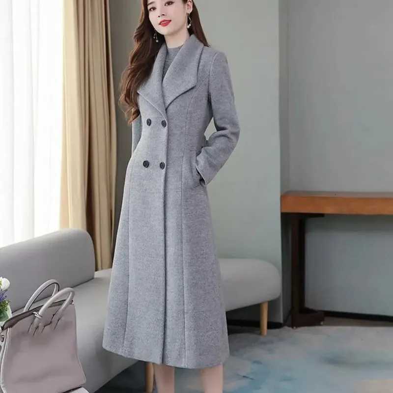 British Style Women Woolen Coat Elagant Suit Collar Double Breasted Waist Tight Long Woolen Cardigan MidCalf Length CardiganT251101