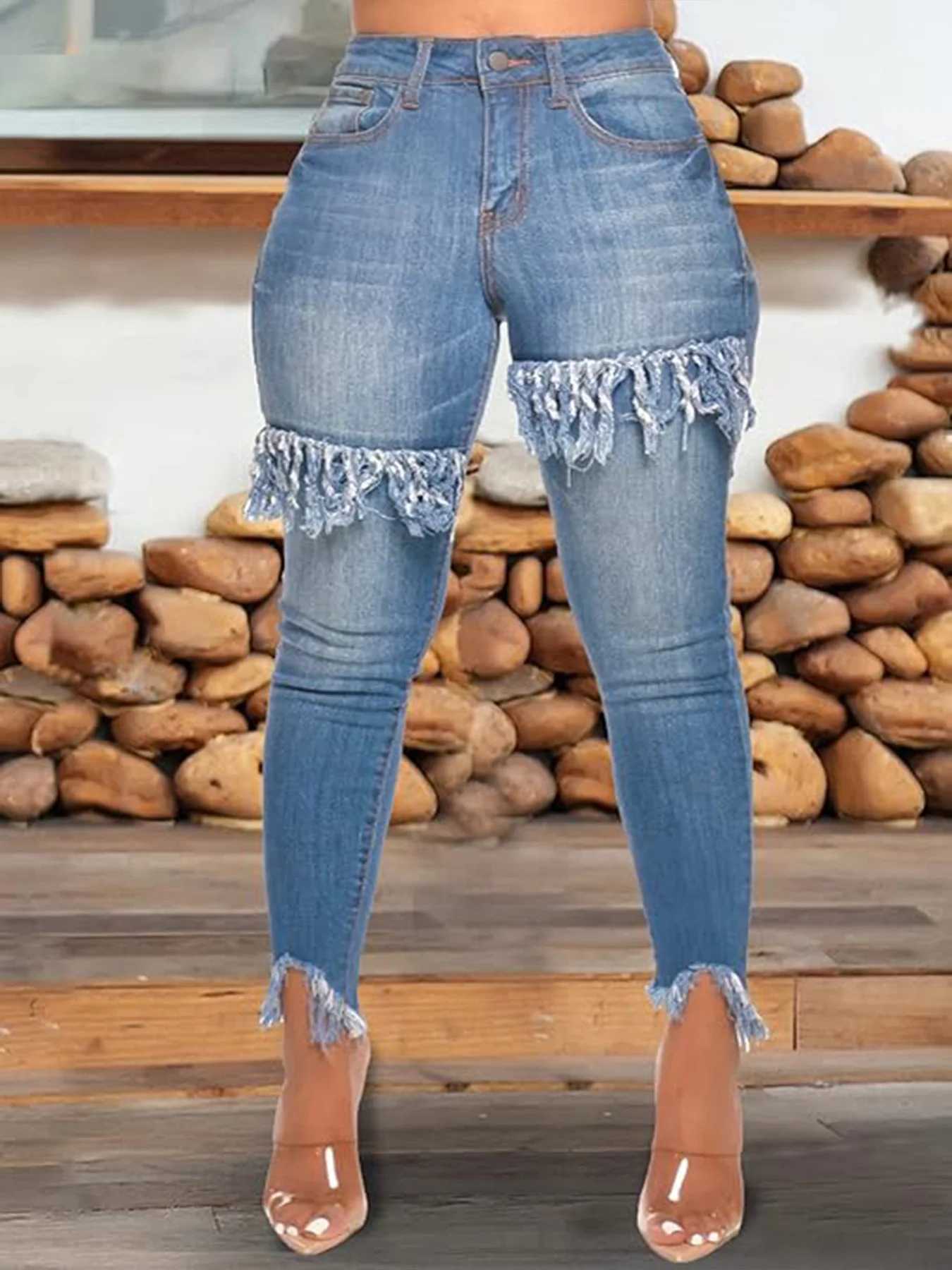 Womens wash light blue fashionable tassel fur edge design stretch slim casual ninepoint jeans J251031