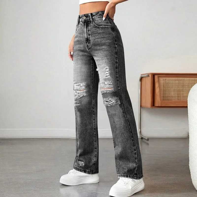Women Straight Denim Jeans Ladies High Waist Ripped Hole Streetwear Baggy Pants J251031