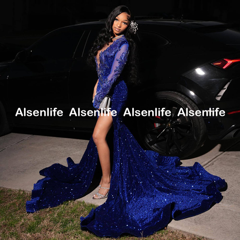 Shinny Royal Blue Prom Dresses Mermaid 2025 Sheer Long Sleeves Slit Evening Dress Crystal Red Carpet Runway Party Dress Customized