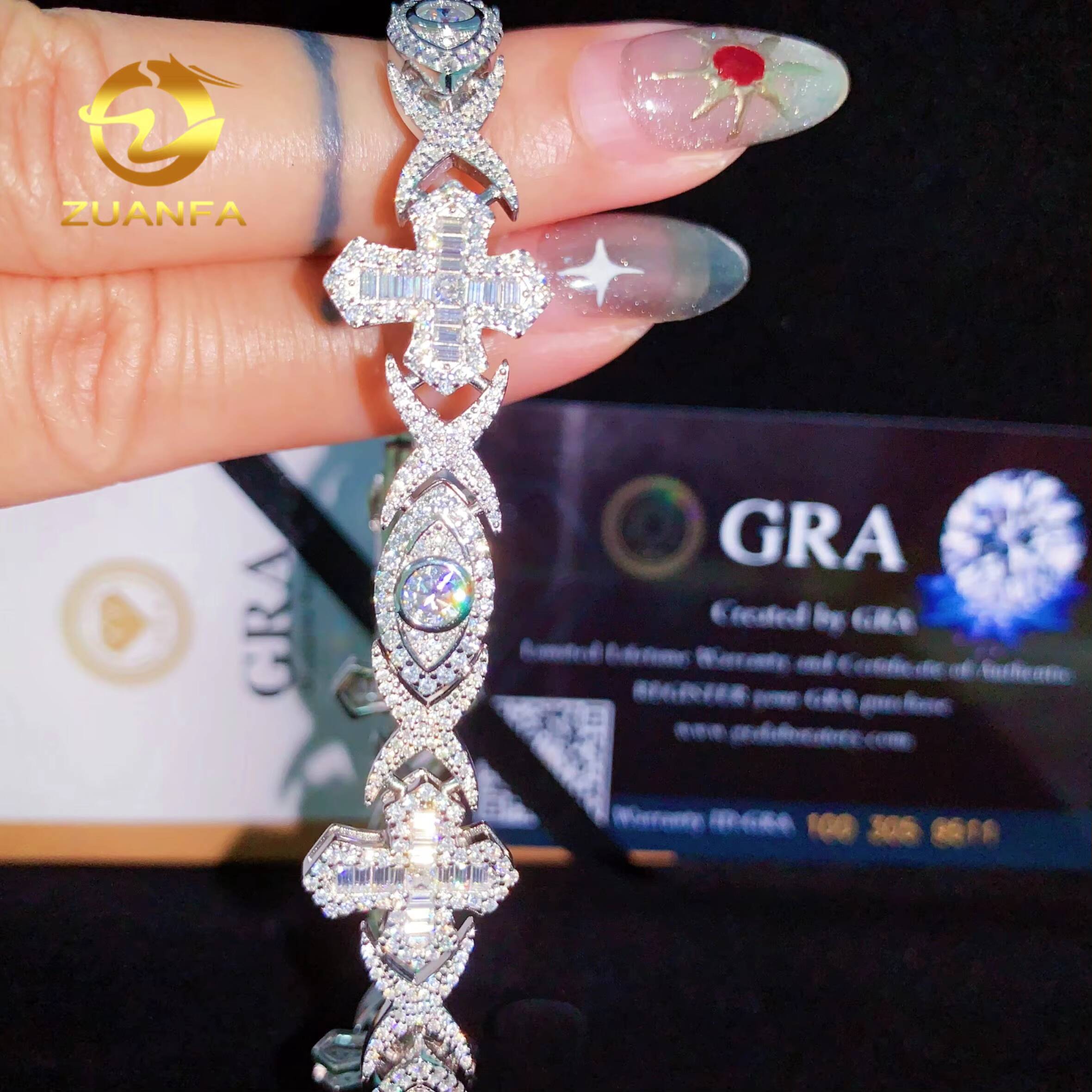 GRA Certified Cross Evil Eyes Baguette Moissanite Cross Bracelet Infinity Cuban Link Chain Moissanite Cuban Link Bracelet