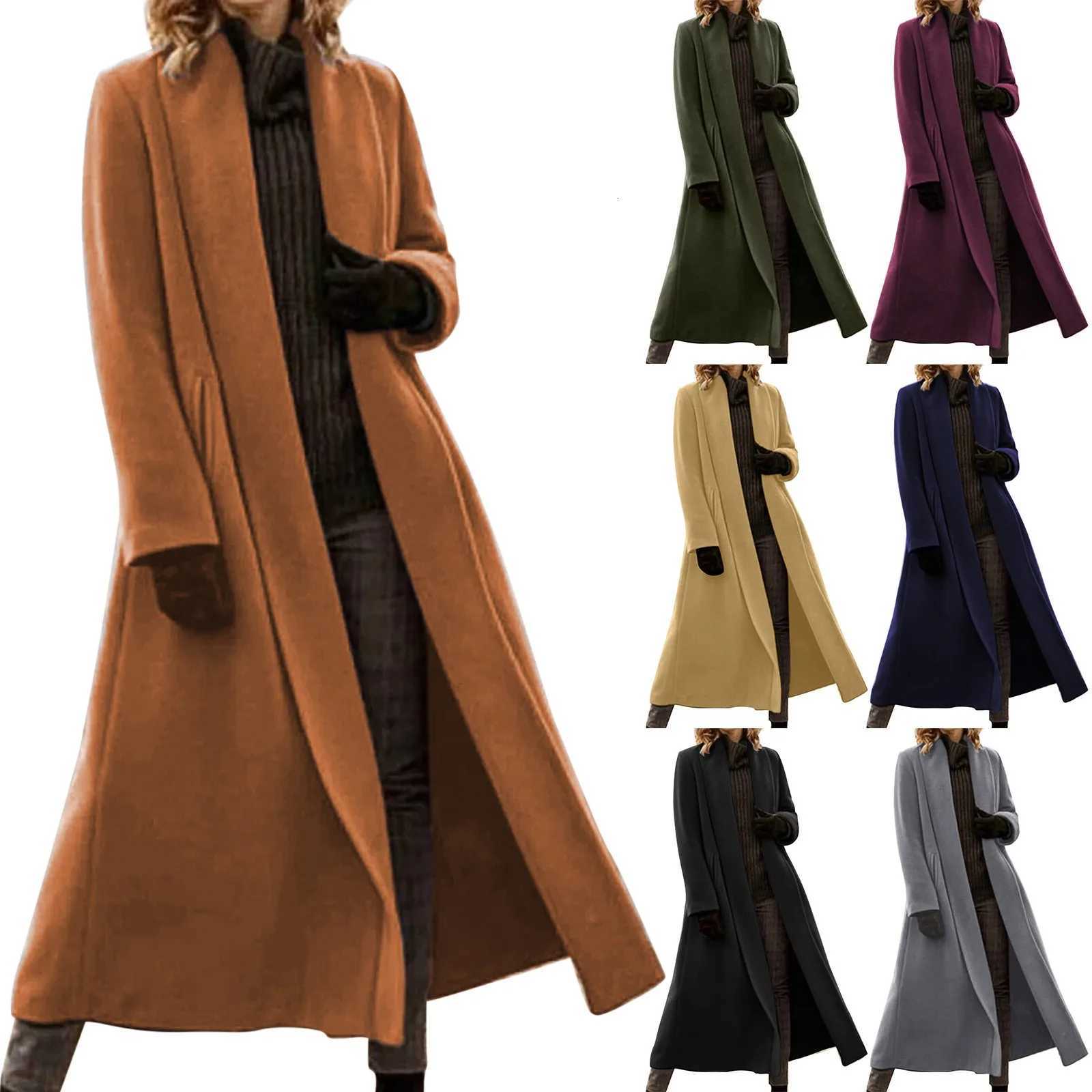 Women Fashion Woolen Coat Long Sleeve Lapel Blends Jackets Autumn Winter High Street Outerwear Midi Trench CoatT251101