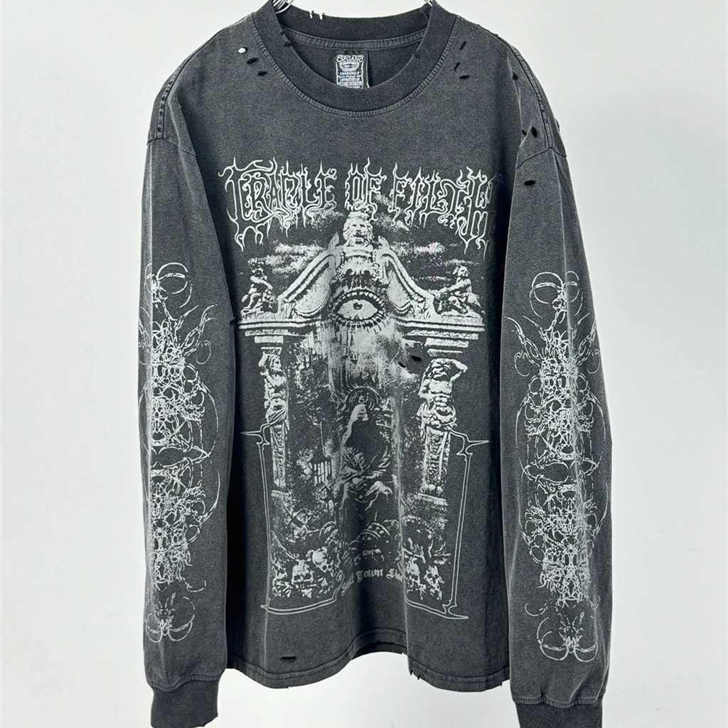 SAINT OF MICHAEL American Style Fashion Streetwear Vintage Hole Long Sleeves Tee Loose Oversized Tops 100Cotton T Shirt Men L251031
