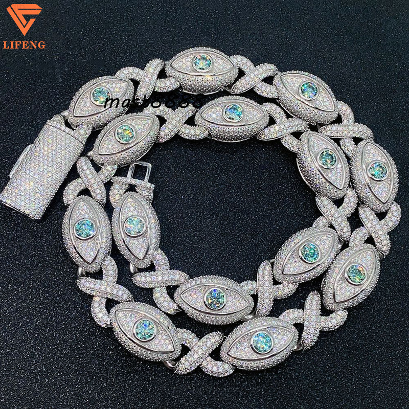 2024 Fine Jewelry Hiphop S925 Vvs Moissanite Bracelet 15mm Eye Figure of Eight Iced Out Cuban Link Chain Blue Sapphire Necklace
