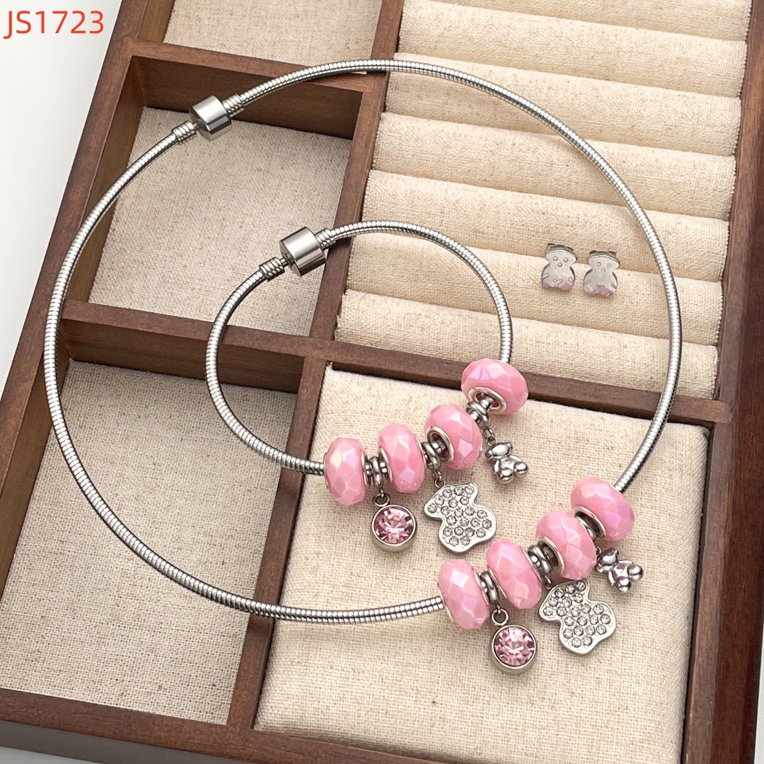 Hot Fashion Women Men Gold Stainless Steel Bear White Shell Round Zircon Cartoon Span Chain Pendant Necklace Earrings Sets Jewelry