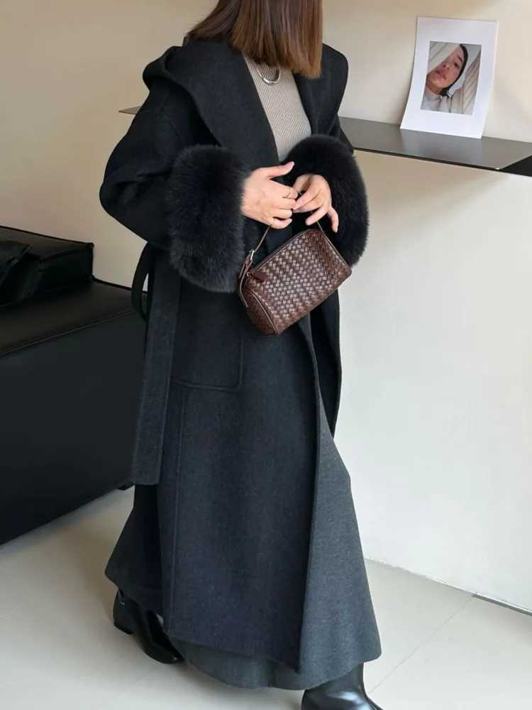 ZMEENNA Womens Long Wool Blend Coat Oversized Hooded Faux Fur Cuff Tie Belt Warm Winter Outerwear Elegant ZM4436T251101