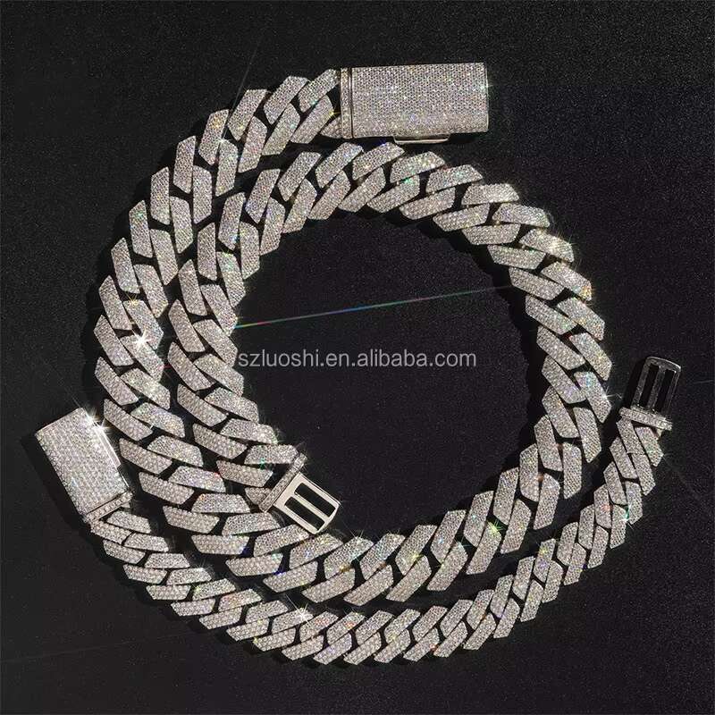 925 Sterling Silver 4 Rows Simulated Diamond 18mm Hip Hop Iced Out Chunky Miami Cuban Link Chain With GRA Certificate